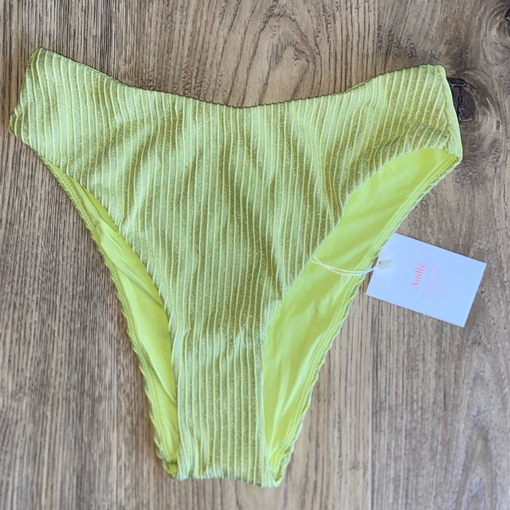 NWT Andie Swim The 90s High Waisted Ribbed Glitter Bikini Bottom Daiquiri XS